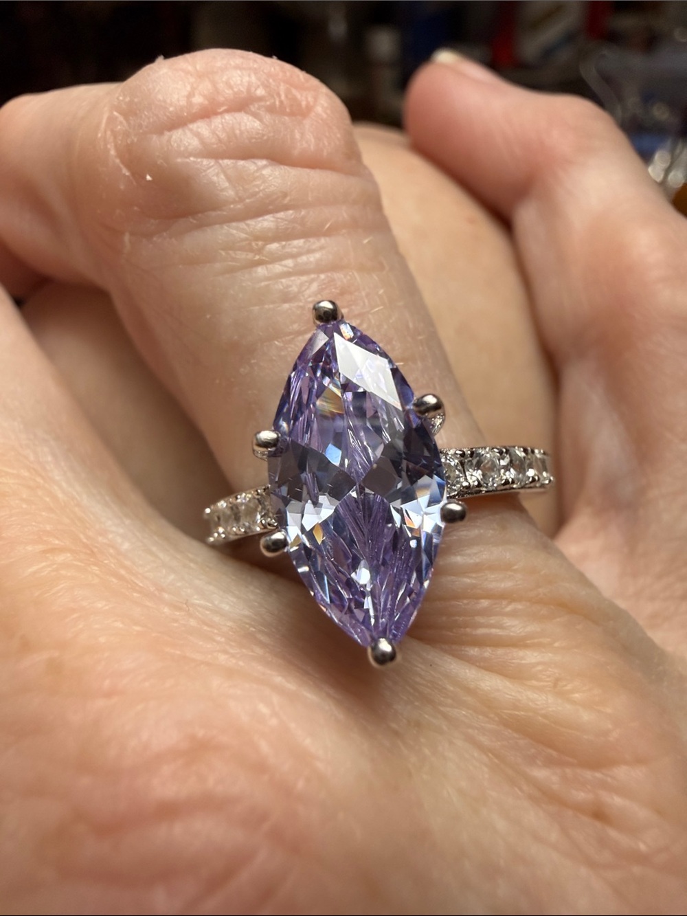 3CT Elegant Marquise lavender AMETHYST Gemstone Ring MOISSANITE DIAMONDS 925 SS